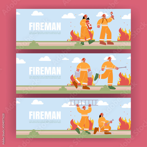 Fireman posters with fire brigade with extinguisher, water hose, buckets, ax and ladder. Vector banners with flat illustration of professional firefighters in helmet and safety costume