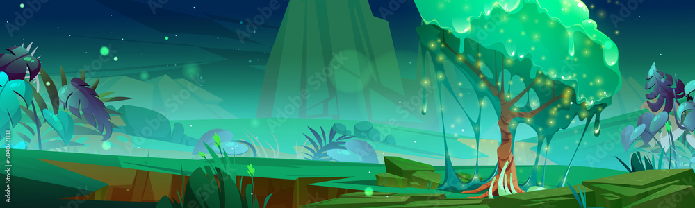 Fantasy game landscape of alien world with tree with green dripping slime. Vector cartoon illustration with fantastic tree with sticky foliage, tropical plants, grass and mountains at night - obrazy, fototapety, plakaty 