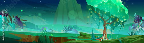 Fantasy game landscape of alien world with tree with green dripping slime. Vector cartoon illustration with fantastic tree with sticky foliage, tropical plants, grass and mountains at night