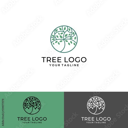 Tree circle logo icon design template. Round garden plant natural line symbol. Green branch with business sign leaves. Vector illustration.