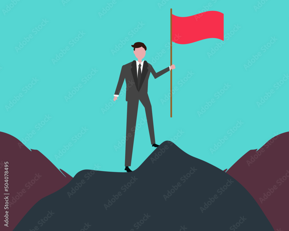 Man holding flag on hilltop. Man reaching his goal. Business man and mountain. Vector illustration  