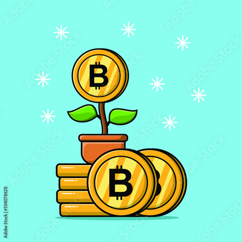 Flower money standing in the stacking gold cryptocurrency coins isolated flat cartoon illustration