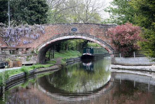 Tranquil setting showing canal with boats, bridge, plants and ducks.