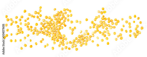 Yellow mustard seeds isolated on a white background, top view.
