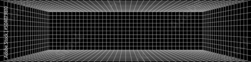 3D digital one point perspective grid room. White mesh on black background. Empty indoor studio frame blueprint. Virtual three dimension scene. Easy guide vector architecture template