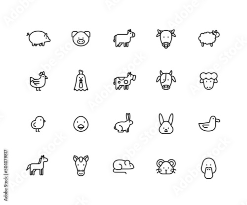 animal linear icons. Set of farm, harvest symbols drawn with thin contour lines. Vector illustration.