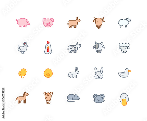 animal color icons. Set of farm, harvest symbols drawn with thin contour lines. Vector illustration.