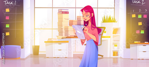 Girl designer work on digital tablet in office on background of piles of paper documents on table. Vector cartoon illustration of busy woman worker, graphic designer or creative artist