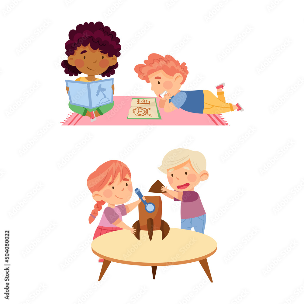 Cute kids playing and learning in kindergarten set. Children reading books and playing toys cartoon vector illustration