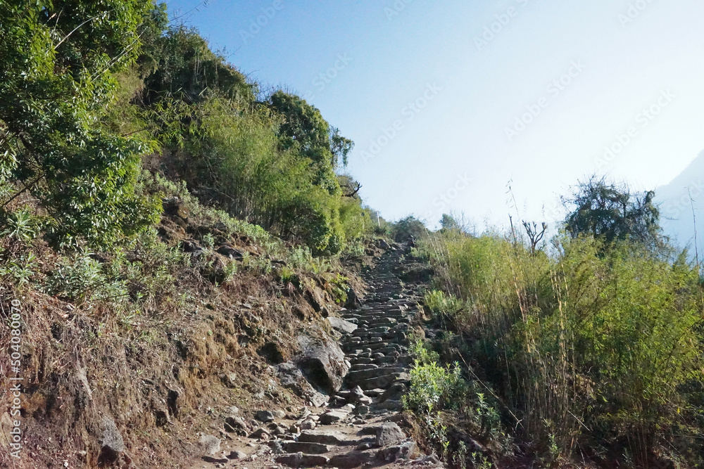 Rocky trail steps with natural landscape of green mountain view- Annapurna Himalayan range, Nepal