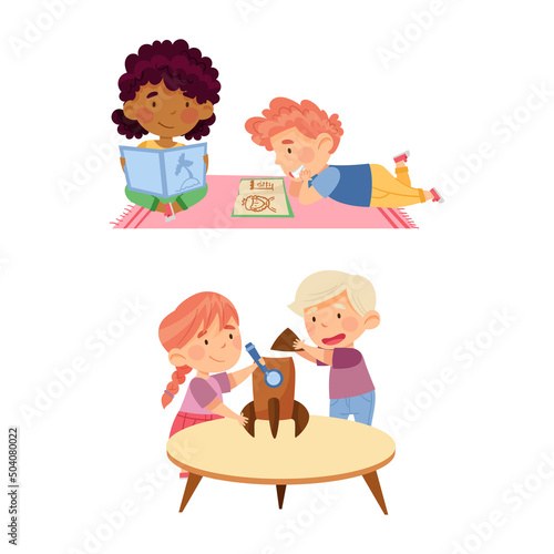 Cute kids playing and learning in kindergarten set. Children reading books and playing toys cartoon vector illustration