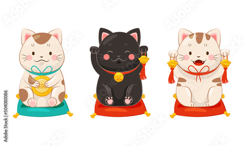 Set of Japanese lucky cat maneki neko. Traditional Japan culture sculpture vector illustration