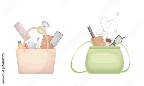 Handbag with Different Stuff and Female Accessories Inside Vector Set