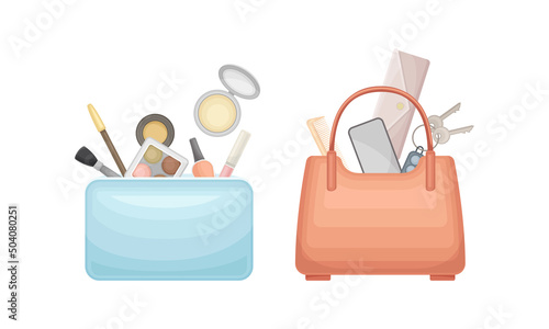 Handbag with Different Stuff and Female Accessories Inside Vector Set