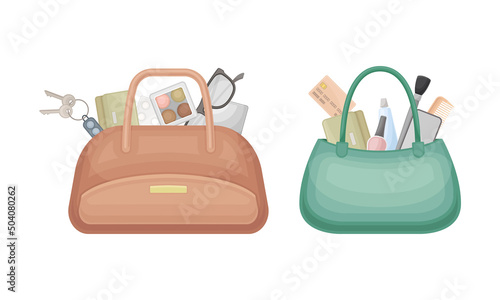 Handbag with Different Stuff and Female Accessories Inside Vector Set