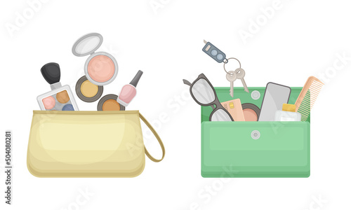 Handbag with Different Stuff and Female Accessories Inside Vector Set