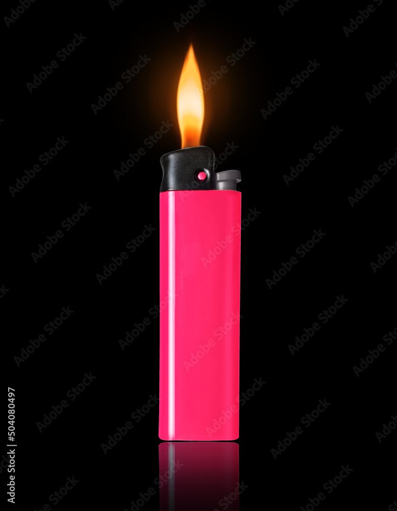 Pink lighter with a burning flame on a black background Pink lighter with a burning flame on a black background