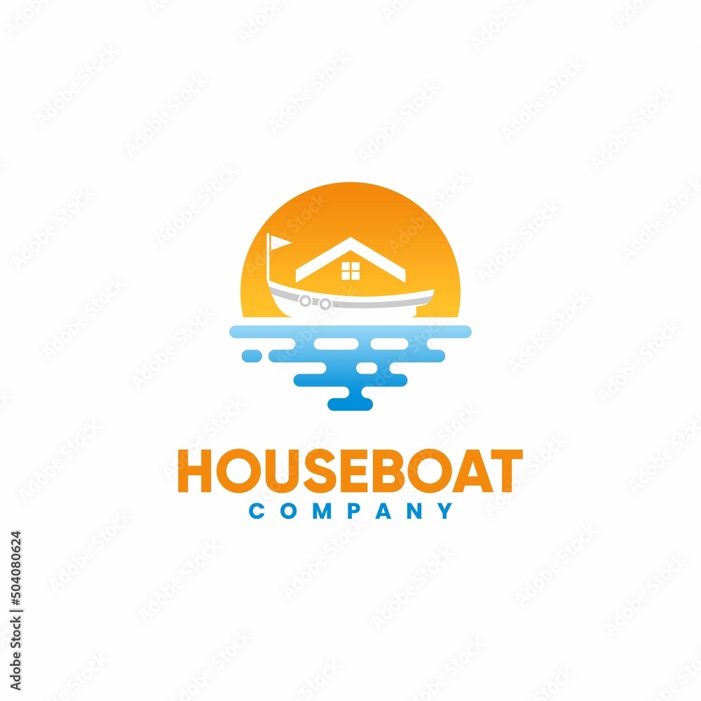 Boat House And Sunset On The Sea For Beach Vacation Resort Logo Boat House And Sunset On The Sea For Beach Vacation Resort Logo