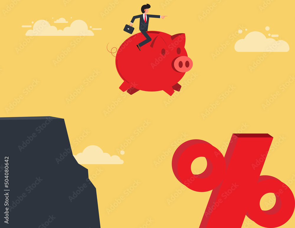 Obraz premium Businessman riding a piggy bank jumping into percentage sign. Financial investment, Profit on deposit in bank