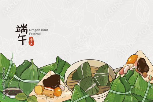Happy dragon boat festival background template with rice dumpling Premium Vector photo