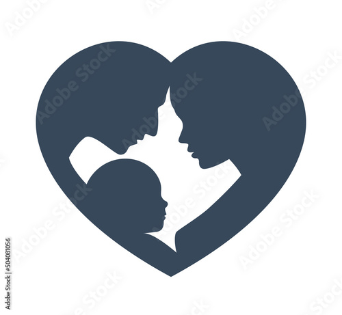 Vector heart with family silhouettes, mom dad, baby. Isolated on white background.c