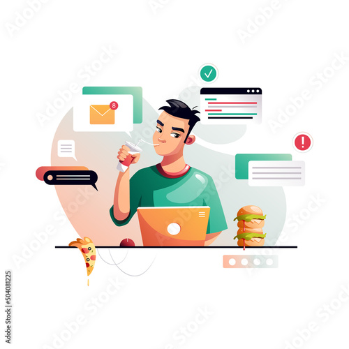 The programmer eats fast food at the workplace. Development of programming and coding technologies. A screen with codes, a developer working with a task. Isolated vector illustration.