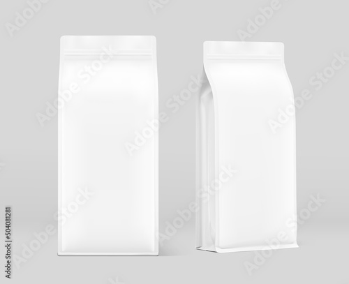Realistic food bags mockup. Front and isometric view. Vector illustration. Can be use for template your design, presentation, promo, ad. EPS 10.	