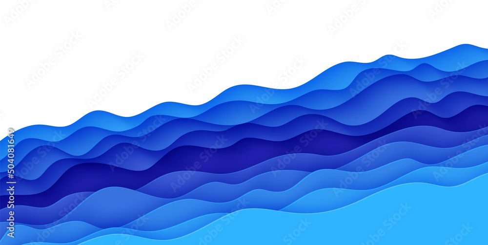 Obraz premium Abstract background with water waves in paper cut style. 3d wallpaper with cut out deep wavy modern cover. Blue color layers with smooth shadow papercut art. Vector illustration, origami shapes
