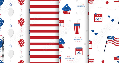 Independence Day of USA. Set of seamless patterns with festive elements. Holiday background for 4th of July celebration. National Freedom Day. Vector illustration in flat cartoon style.