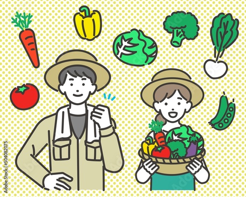 収穫した野菜や米を持つ農家のベクターイラスト素材／農業／園芸