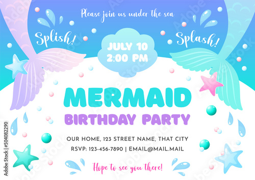 Birthday party invitation template. Cute illustration of mermaid tails, sea shells and star fish. Vector 10 EPS.