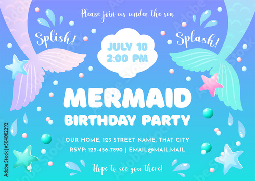 Birthday party invitation template. Cute illustration of mermaid tails, sea shells and star fish. Vector 10 EPS.