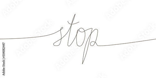 Stop continuous line drawing. One line art of english hand written lettering with wishes to stop, end, close, finish. photo