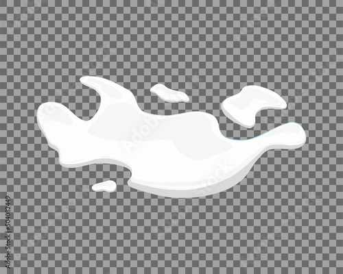 Milk spill on a transparent background. Puddle of white liquid, yogurt, mousse, ice cream or mayonnaise. Vector cartoon illustration. 