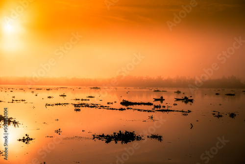 Wallpaper Mural Blurred nature background of the morning sun by the sea, a beautiful golden light, among the trees, rocks and local fishing boats, the beauty of nature during the day. Torontodigital.ca