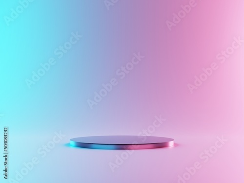 3d silver flat display podium between blue and pink light background. 3d rendering of presentation for product advertising. 3d illustration.