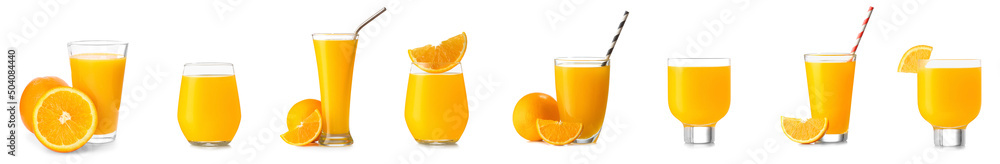 Many glassware of fresh orange juice on white background Many glassware of fresh orange juice on white background