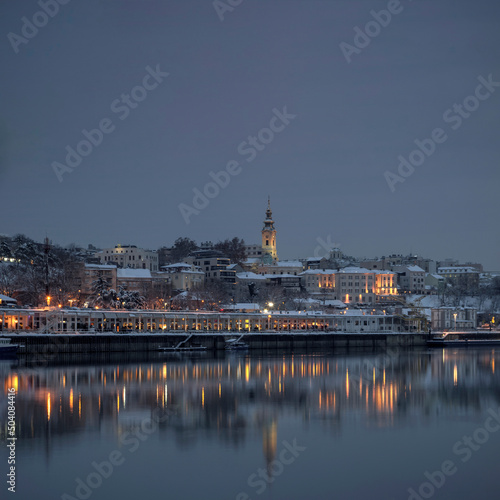 Belgrade, Serbia - View of Sava River and coastal part of the city at winter twilight