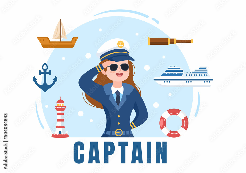 Woman Cruise Ship Captain Cartoon Illustration in Sailor Uniform Riding a Ships, Looking with Binoculars or Standing on the Harbor in Flat Design - obrazy, fototapety, plakaty 