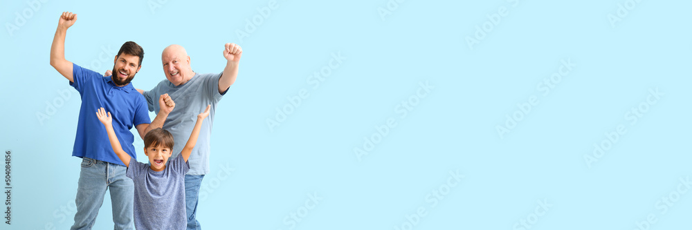 Happy man, his father and son on light blue background with space for text Happy man, his father and son on light blue background with space for text