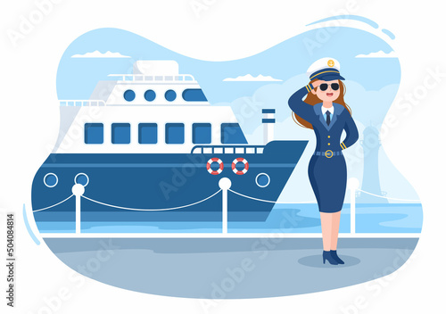 Woman Cruise Ship Captain Cartoon Illustration in Sailor Uniform Riding a Ships, Looking with Binoculars or Standing on the Harbor in Flat Design