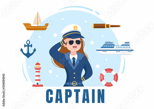 Woman Cruise Ship Captain Cartoon Illustration in Sailor Uniform Riding a Ships, Looking with Binoculars or Standing on the Harbor in Flat Design