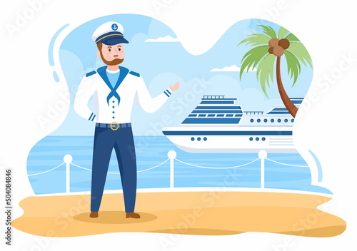 Man Cruise Ship Captain Cartoon Illustration in Sailor Uniform Riding a Ships, Looking with Binoculars or Standing on the Harbor in Flat Design