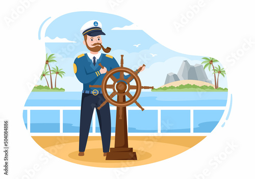 Man Cruise Ship Captain Cartoon Illustration in Sailor Uniform Riding a Ships, Looking with Binoculars or Standing on the Harbor in Flat Design