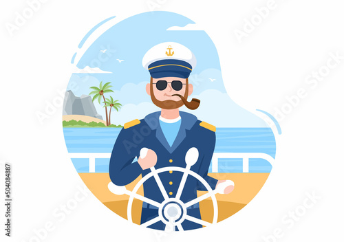 Man Cruise Ship Captain Cartoon Illustration in Sailor Uniform Riding a Ships, Looking with Binoculars or Standing on the Harbor in Flat Design