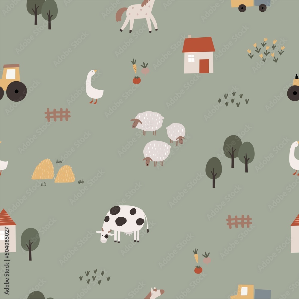 Cute Farm pets colorful collection. Hand drawn vector domestic animals ...