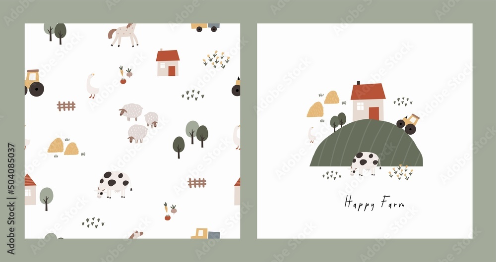Cute Farm pets colorful collection. Hand drawn vector domestic animals set. Boho seamless pattern with three, house, horse, goose, cow, sheep, tractor, cars, vegetables. Village landscape - obrazy, fototapety, plakaty 