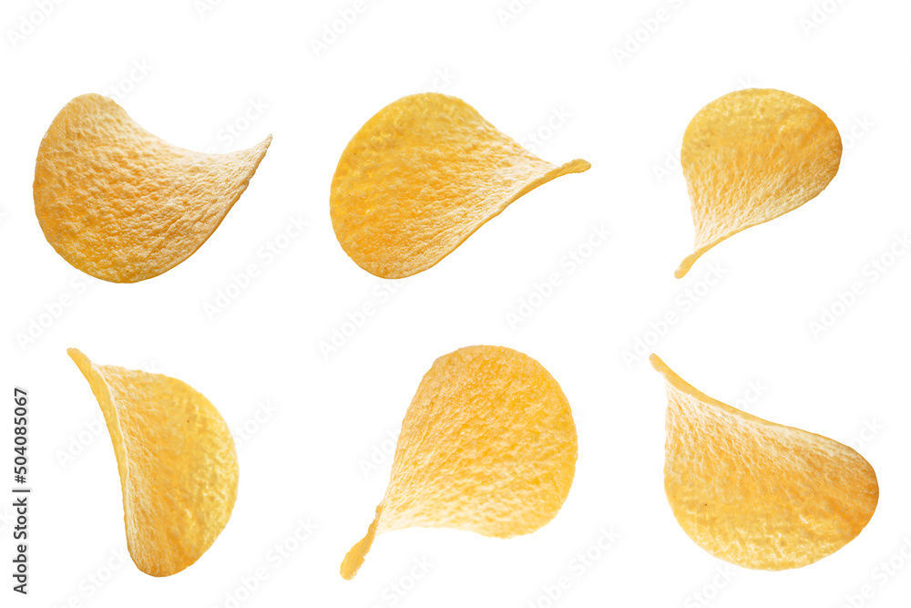Flying tasty potato chips on white background Flying tasty potato chips on white background
