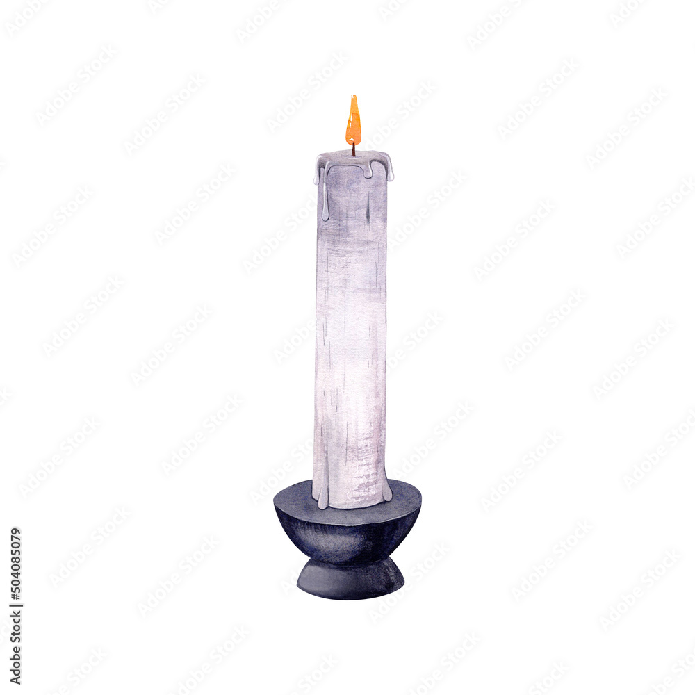 Mystical high white candle on a black stand. Watercolor illustration on isolated white background. Mystical high white candle on a black stand. Watercolor illustration on isolated white background.