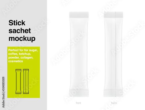 Realistic stick pack sachet mockup for food, cosmetic, pharmacy and other industry. Vector illustration on white background.Possibility use for granulated, powder and liquid products. EPS10.